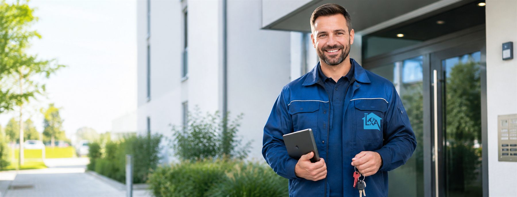Hausmeister von LA Facility Management mit Schlüsselbund und Tablet vor einem Wohngebäude