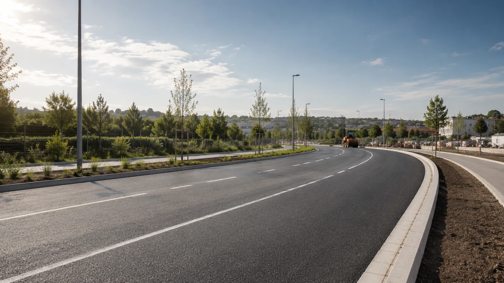 Fertiggestellte Fahrbahn mit Markierung, Bordstein und neu bepflanztem Randstreifen
